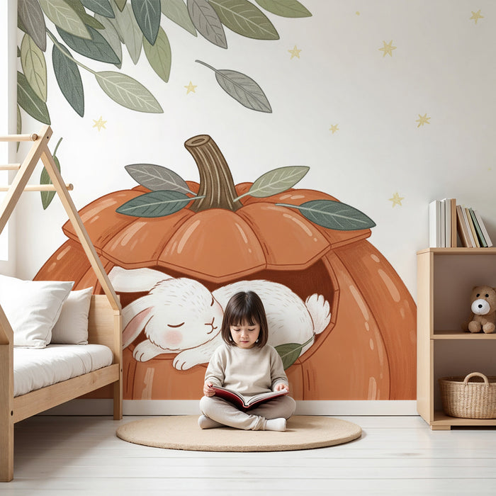 Papier peint chambre bébé | Lapin endormi dans une citrouille