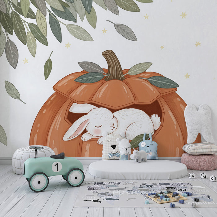 Papier peint chambre bébé | Lapin endormi dans une citrouille