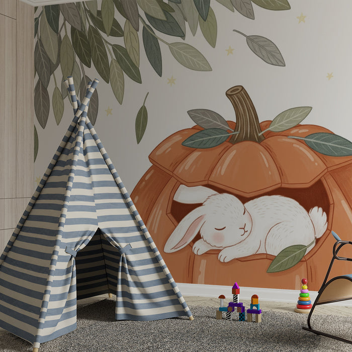 Papier peint chambre bébé | Lapin endormi dans une citrouille