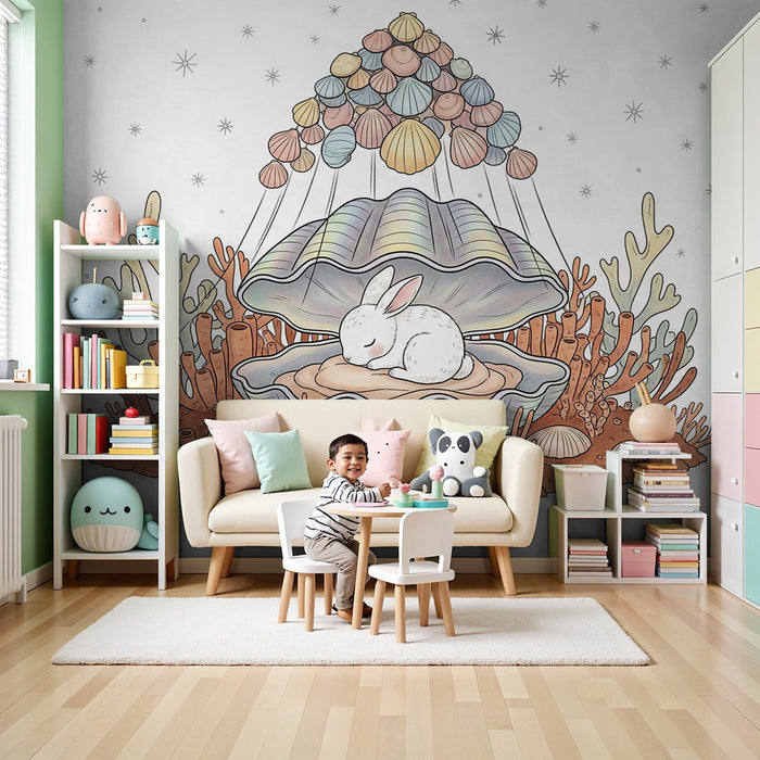 Papier peint chambre bébé | Lapin endormi dans une coquille