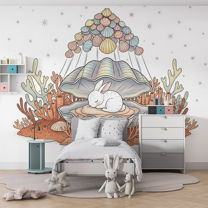 Papier peint chambre bébé | Lapin endormi dans une coquille