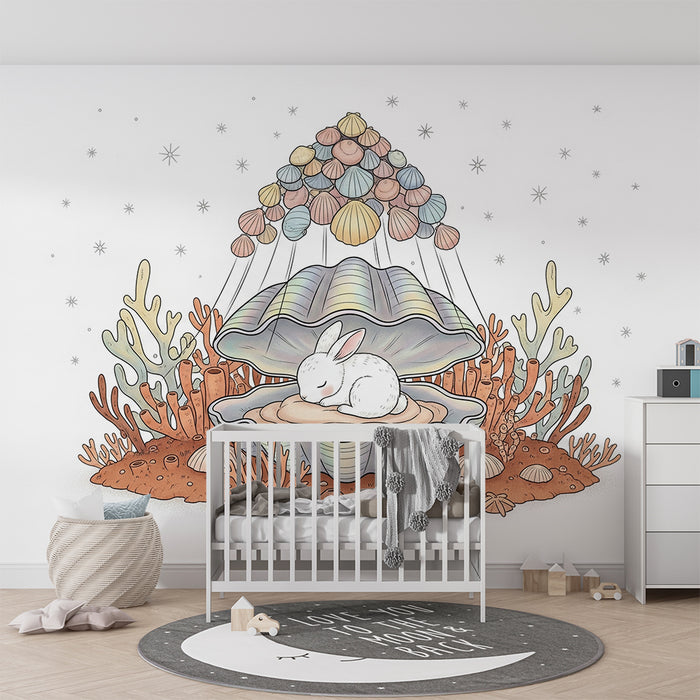Papier peint chambre bébé | Lapin endormi dans une coquille