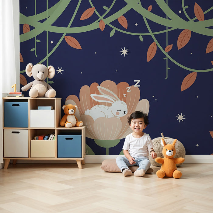 Papier peint chambre bébé | Lapin endormi dans une fleur