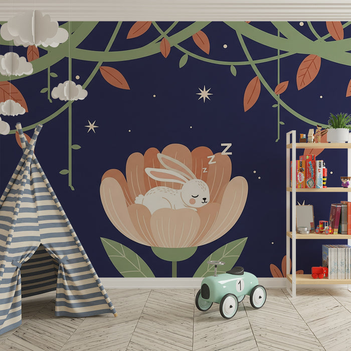Papier peint chambre bébé | Lapin endormi dans une fleur