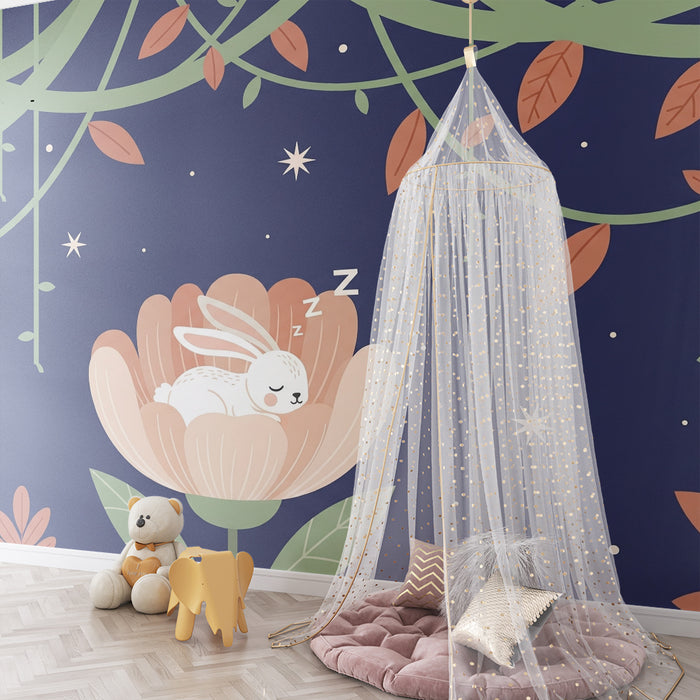 Papier peint chambre bébé | Lapin endormi dans une fleur