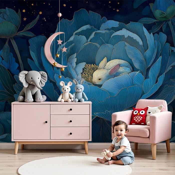 Nursery room wallpaper | Sleeping rabbit in a blue flower under a starry sky