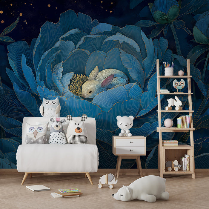 Nursery room wallpaper | Sleeping rabbit in a blue flower under a starry sky
