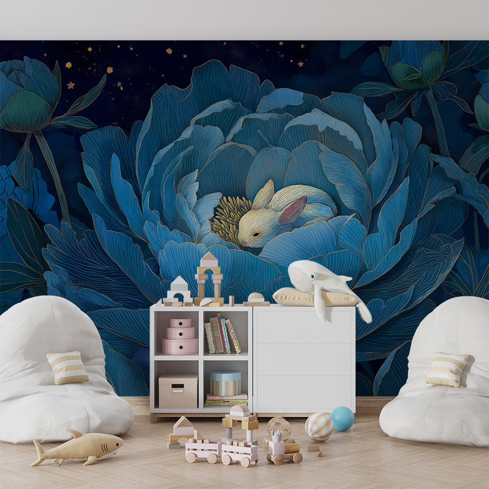 Nursery room wallpaper | Sleeping rabbit in a blue flower under a starry sky