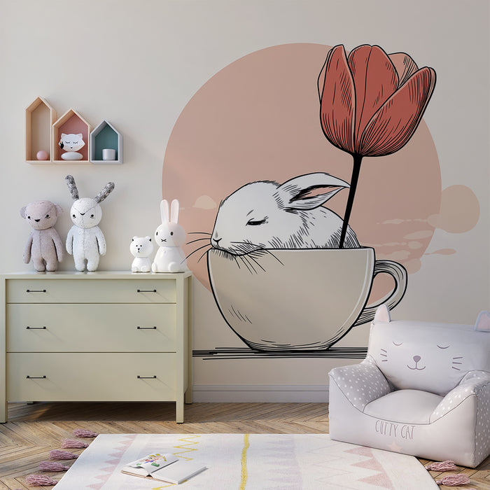 Barntapet | Sovande kanin i en kopp med en blomma