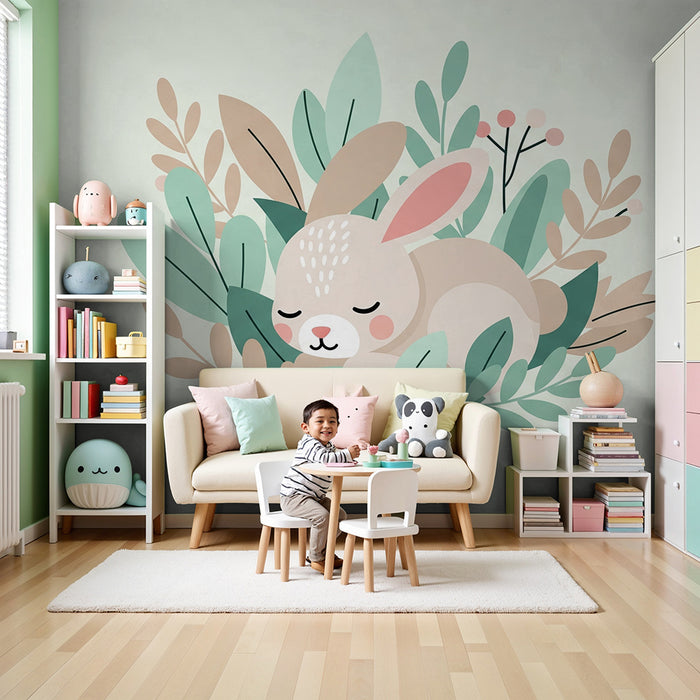 Nursery room wallpaper | Sleeping bunny surrounded by soft foliage