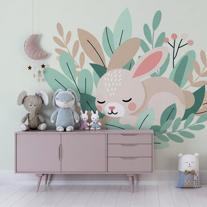 Nursery room wallpaper | Sleeping bunny surrounded by soft foliage