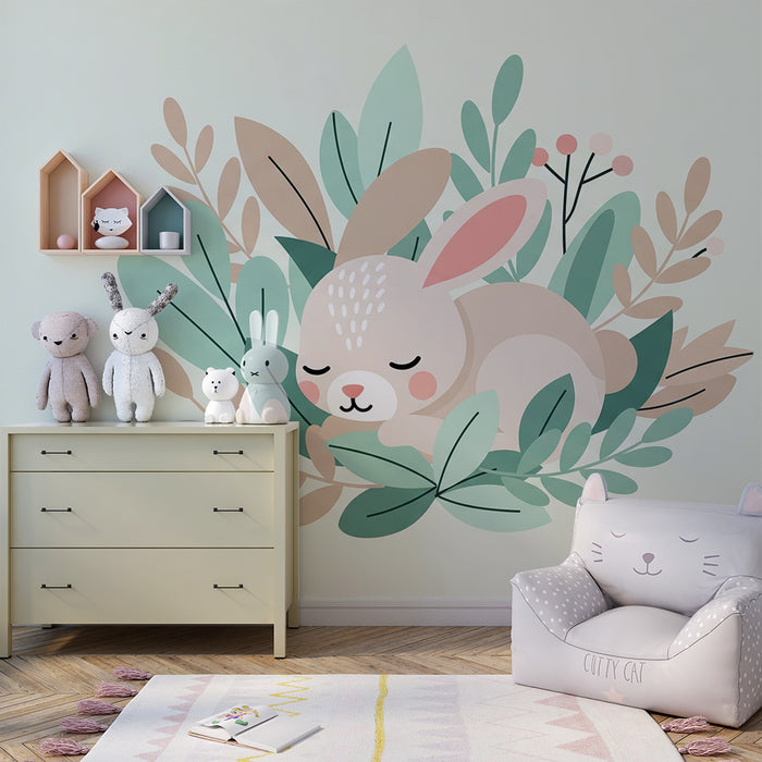 Nursery room wallpaper | Sleeping bunny surrounded by soft foliage