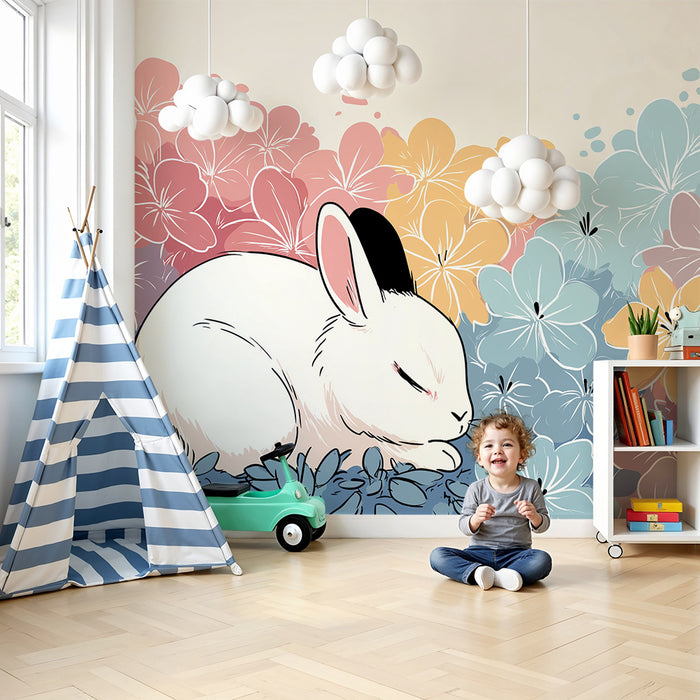 Nursery room wallpaper | Sleeping rabbit among colorful flowers