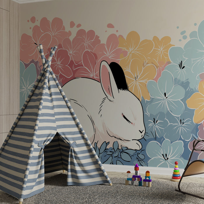 Nursery room wallpaper | Sleeping rabbit among colorful flowers