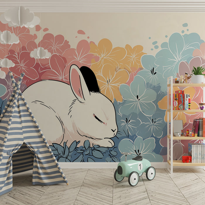 Nursery room wallpaper | Sleeping rabbit among colorful flowers