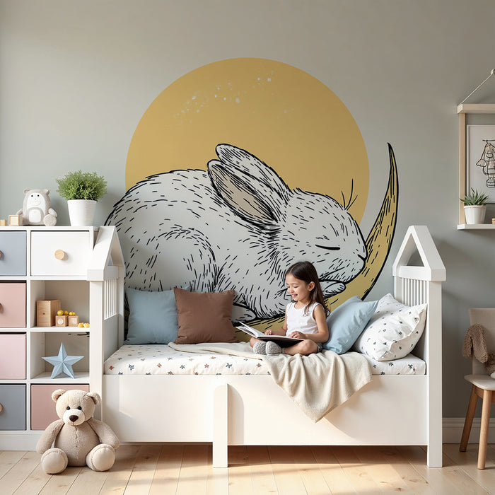 Papel pintado infantil | Conejo dormido bajo la luna