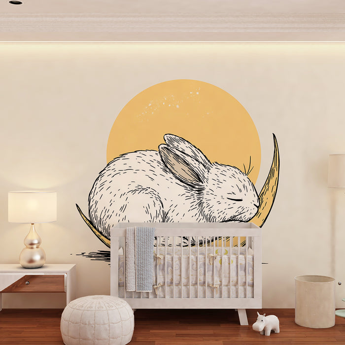 Papel pintado infantil | Conejo dormido bajo la luna