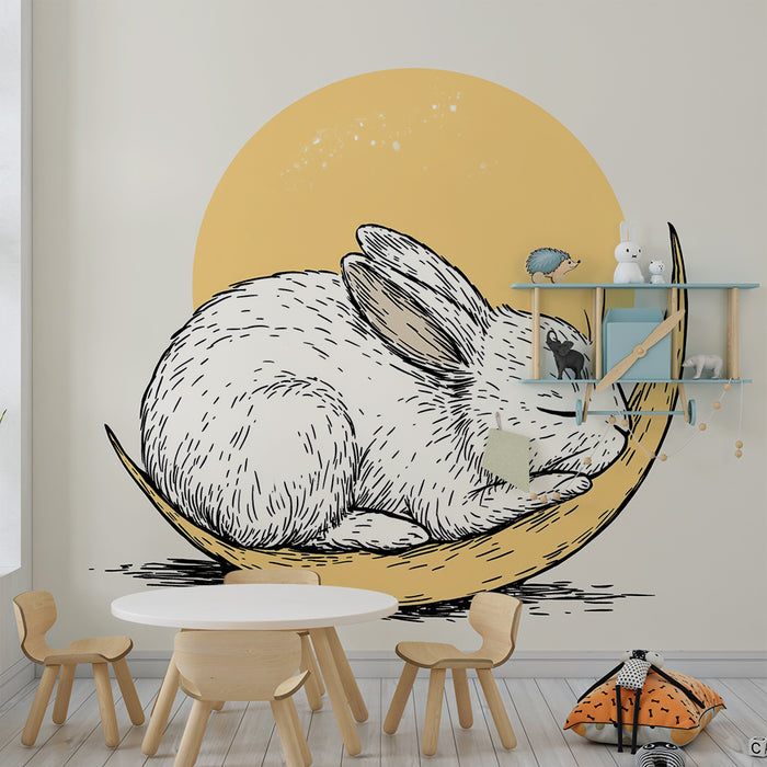 Papel pintado infantil | Conejo dormido bajo la luna
