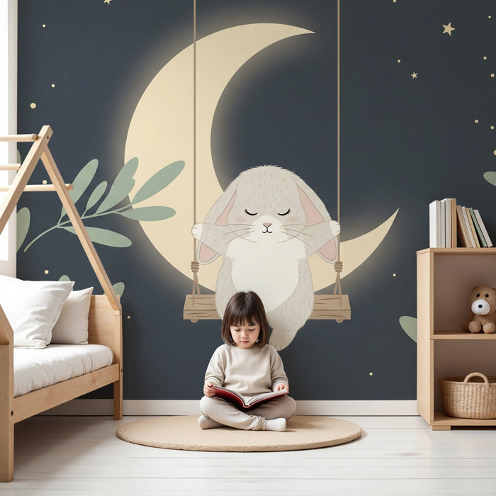 Babyzimmer Tapete | Schlafender Hase unter dem Mond