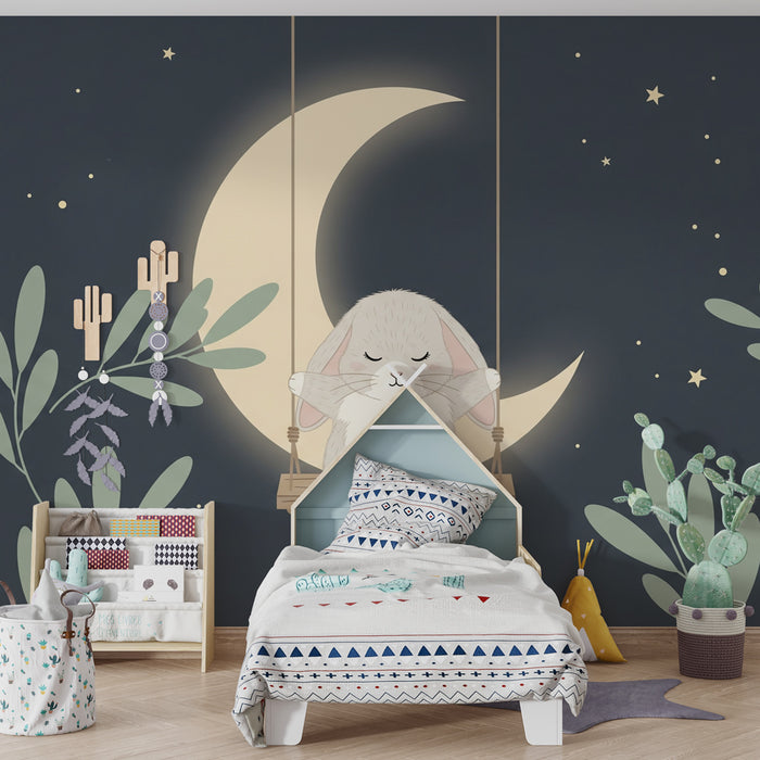 Babyzimmer Tapete | Schlafender Hase unter dem Mond