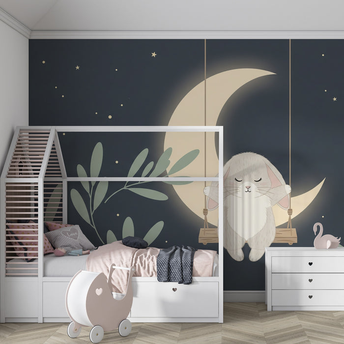 Babyzimmer Tapete | Schlafender Hase unter dem Mond