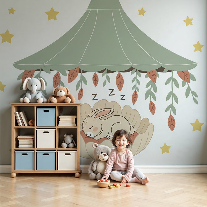 Papier peint chambre bébé | Lapin endormi sous les étoiles