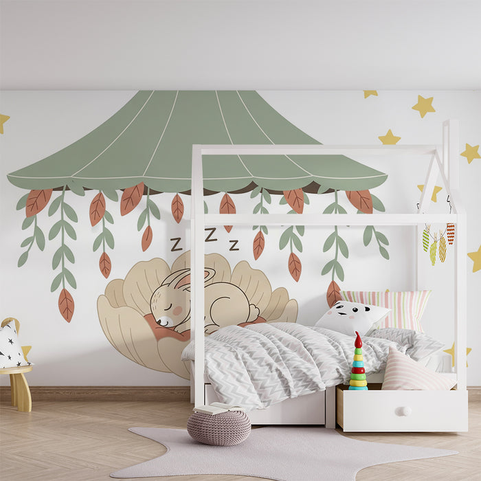 Papier peint chambre bébé | Lapin endormi sous les étoiles
