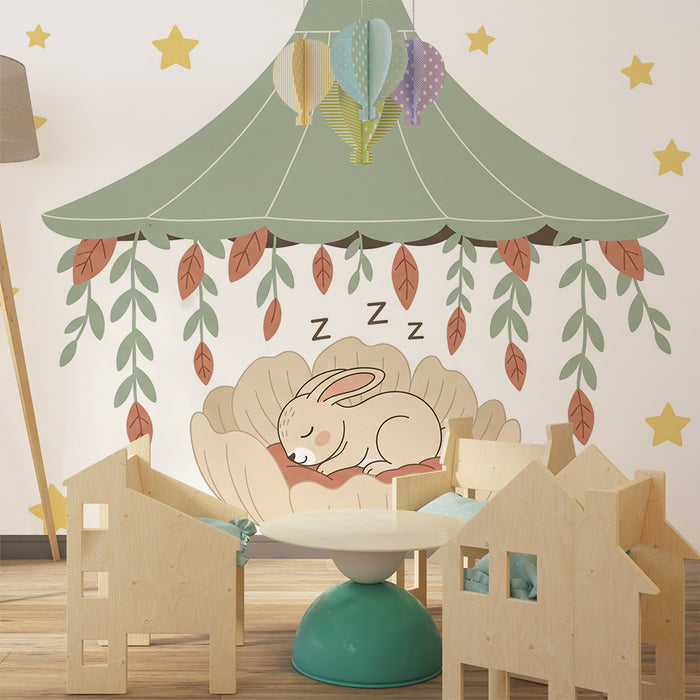 Papier peint chambre bébé | Lapin endormi sous les étoiles