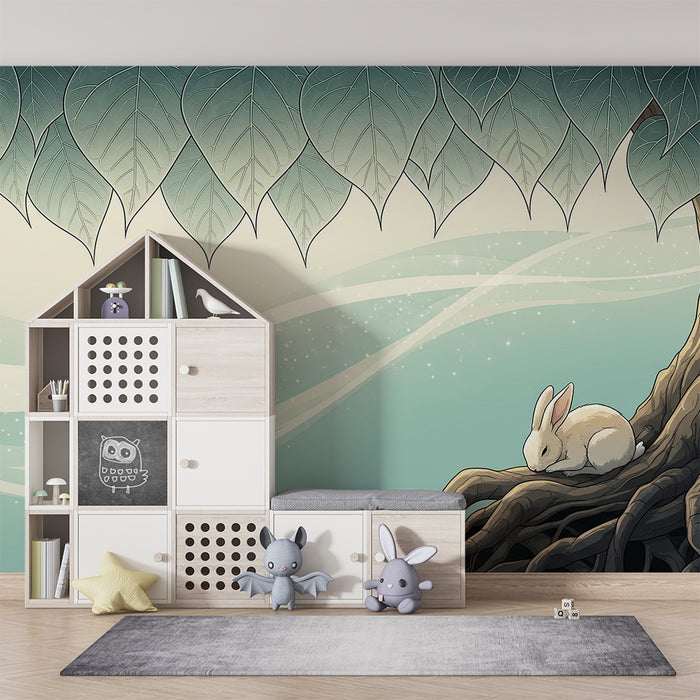 Papier peint chambre bébé | Lapin endormi sous un arbre majestueux
