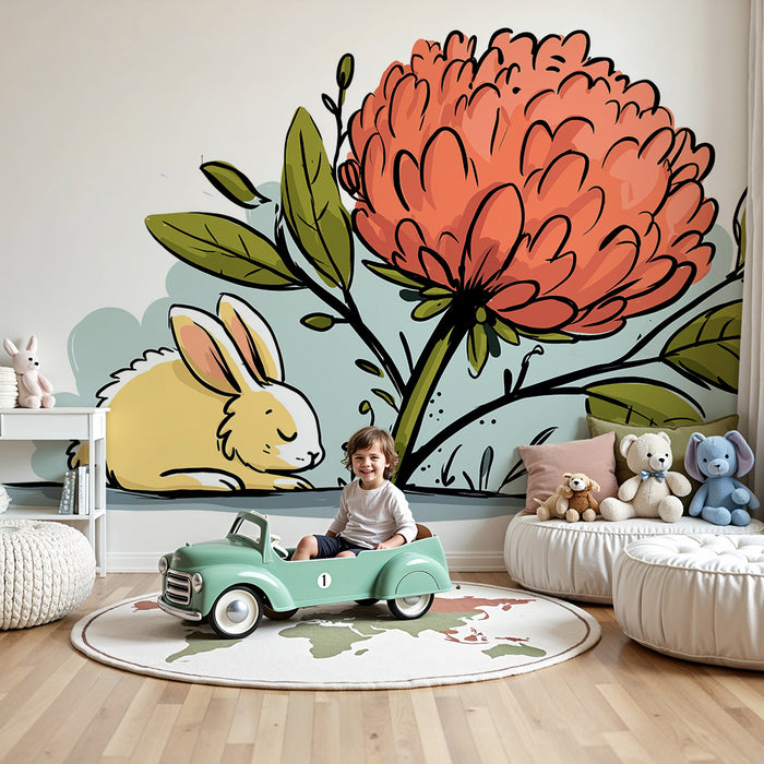 Papier peint chambre bébé | Lapin endormi sous une fleur géante