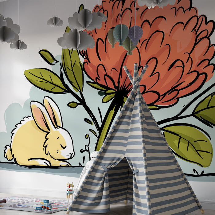 Papier peint chambre bébé | Lapin endormi sous une fleur géante