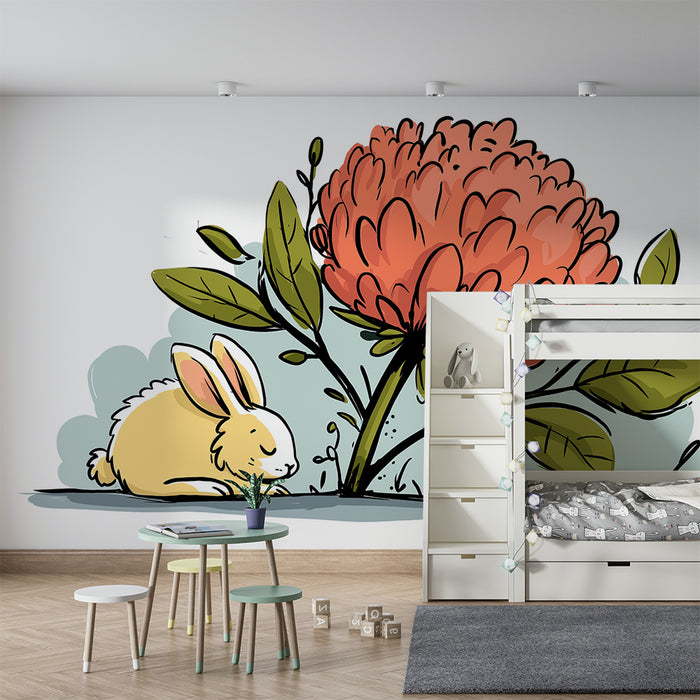 Papier peint chambre bébé | Lapin endormi sous une fleur géante