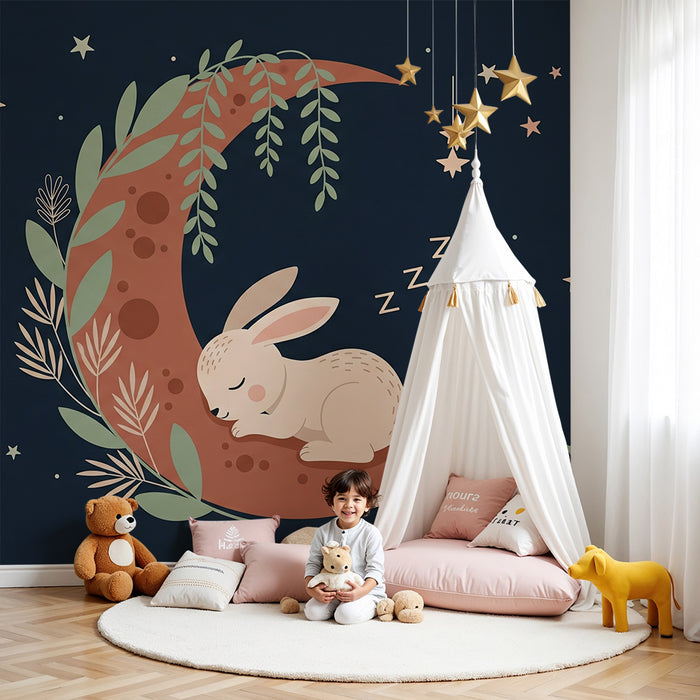 Papier peint chambre bébé | Lapin endormi sur la lune