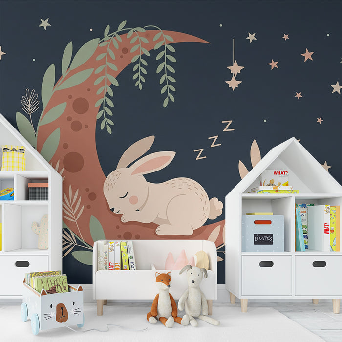 Papier peint chambre bébé | Lapin endormi sur la lune