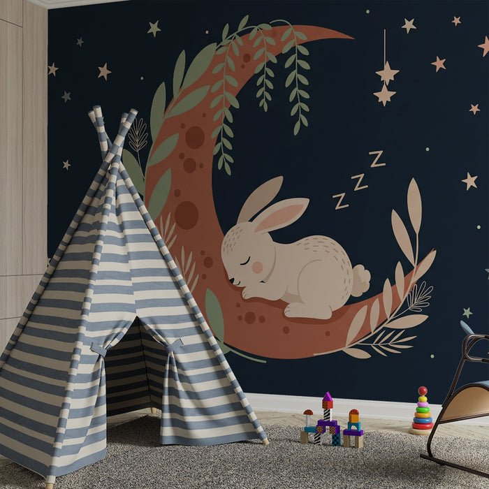 Papier peint chambre bébé | Lapin endormi sur la lune