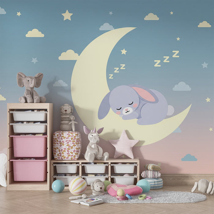 Nursery room wallpaper | Sleeping rabbit on the moon with stars and clouds