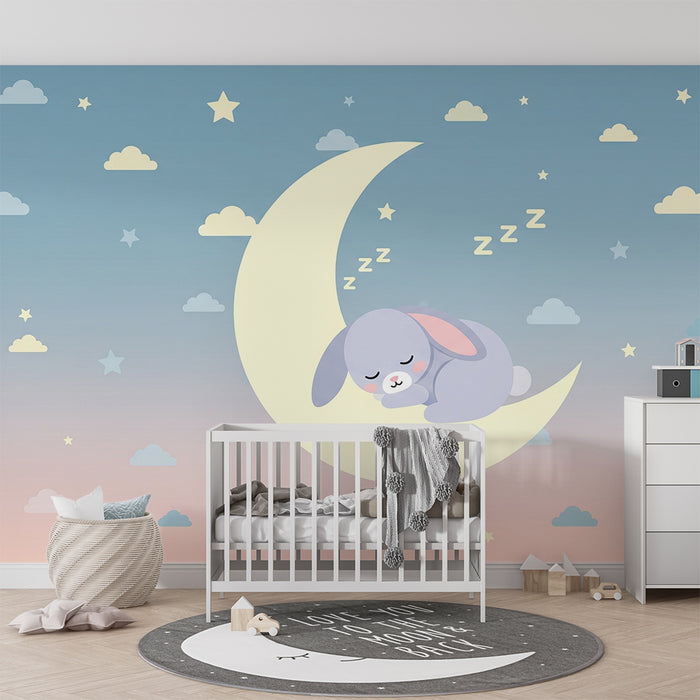 Nursery room wallpaper | Sleeping rabbit on the moon with stars and clouds