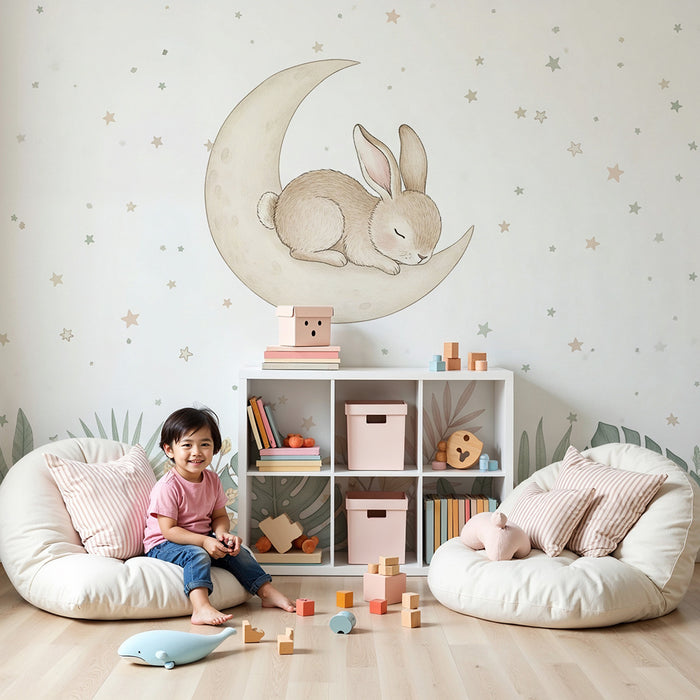 Papier peint chambre bébé | Lapin endormi sur la lune et fond étoilé