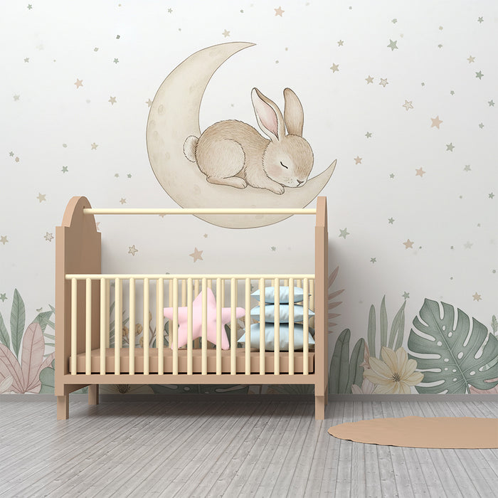 Papier peint chambre bébé | Lapin endormi sur la lune et fond étoilé