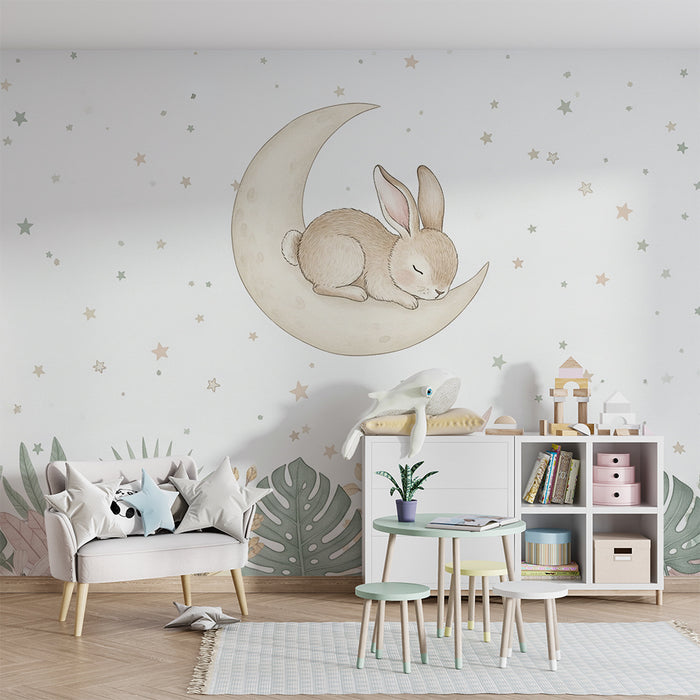 Papier peint chambre bébé | Lapin endormi sur la lune et fond étoilé