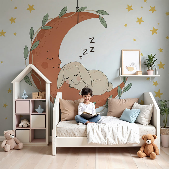 Papel de parede quarto bebê | Coelho dormindo na lua suspensa