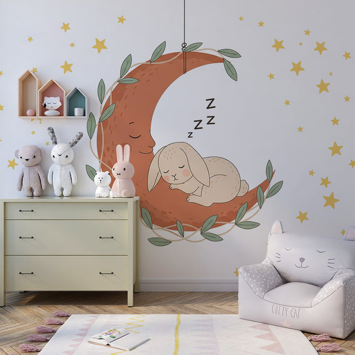Papel de parede quarto bebê | Coelho dormindo na lua suspensa