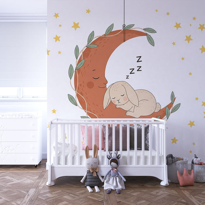 Papel de parede quarto bebê | Coelho dormindo na lua suspensa