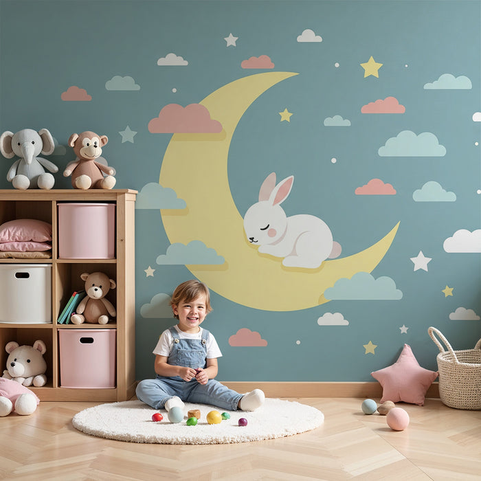 Nursery room wallpaper | Sleeping rabbit on a crescent moon with soft clouds