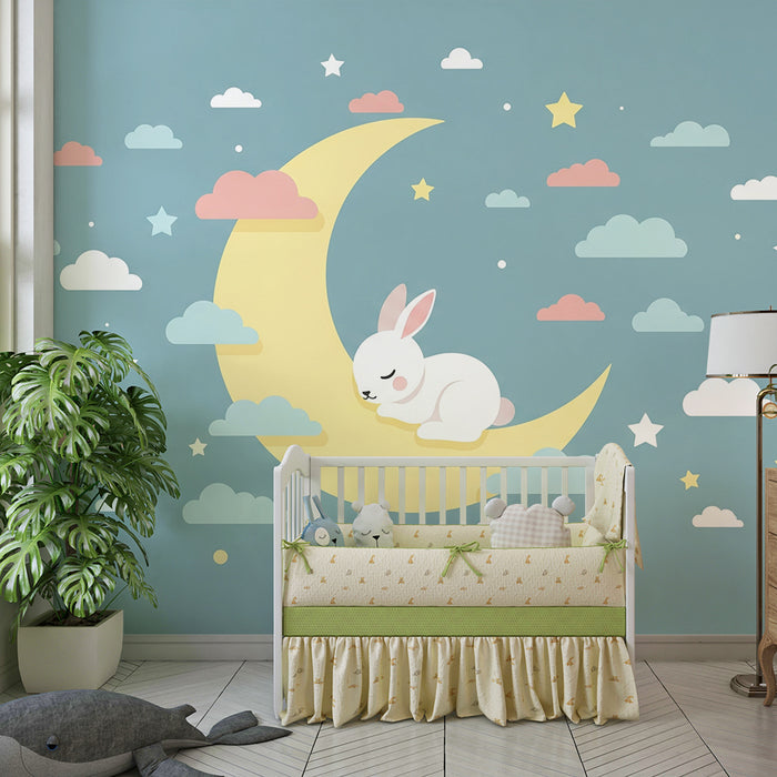Nursery room wallpaper | Sleeping rabbit on a crescent moon with soft clouds