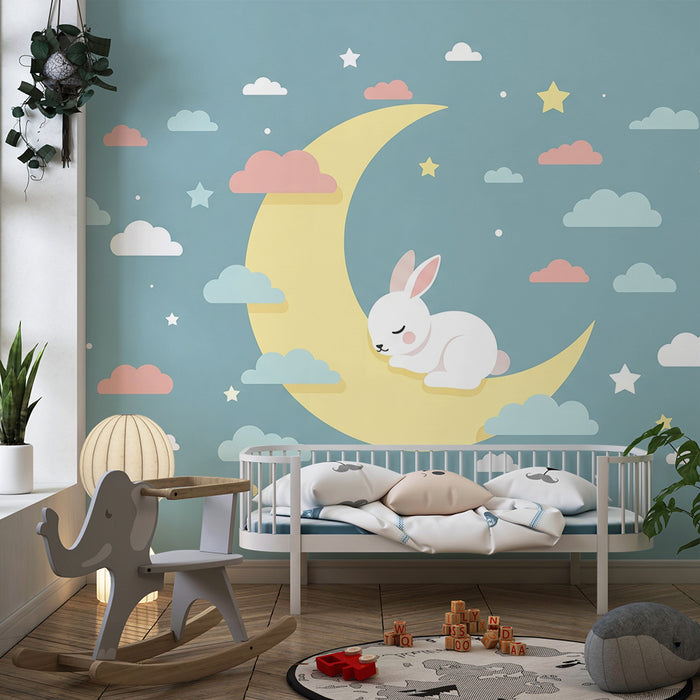 Nursery room wallpaper | Sleeping rabbit on a crescent moon with soft clouds