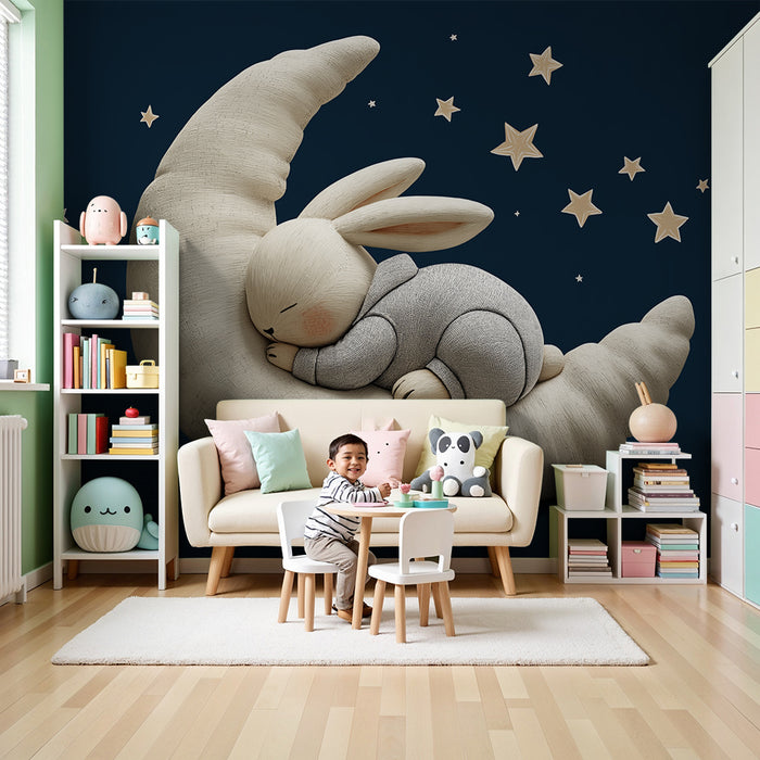 Nursery room wallpaper | Sleeping rabbit on a crescent moon with golden stars