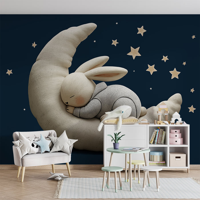 Nursery room wallpaper | Sleeping rabbit on a crescent moon with golden stars