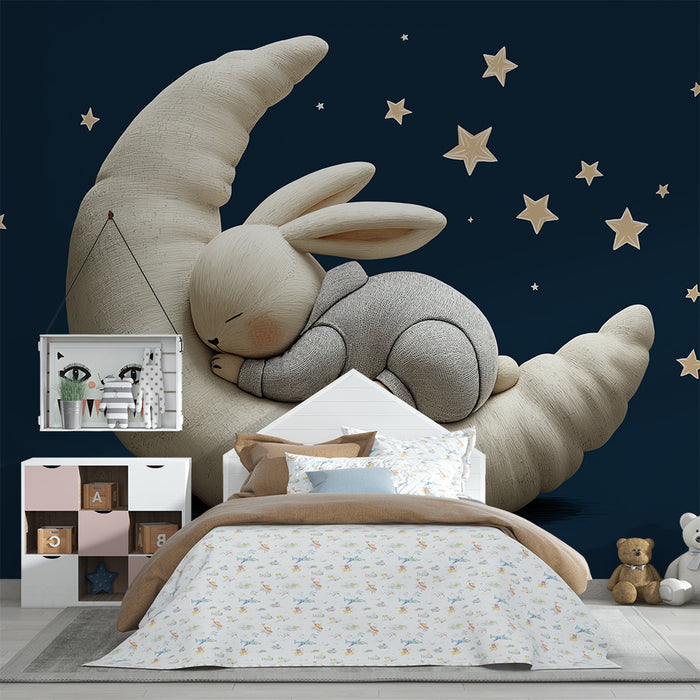 Nursery room wallpaper | Sleeping rabbit on a crescent moon with golden stars