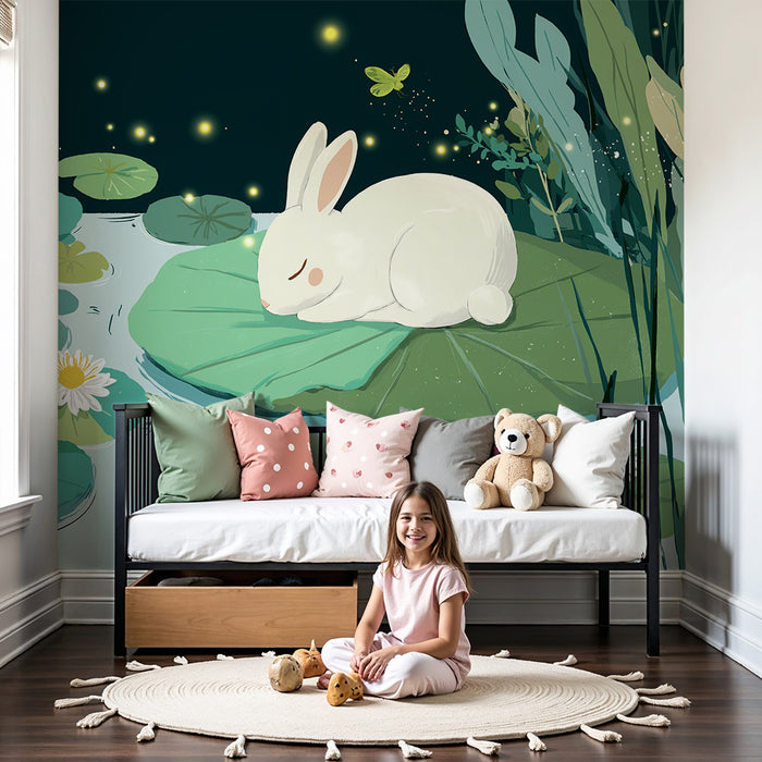Carta da parati bambini | Coniglio addormentato su una ninfea sotto le stelle